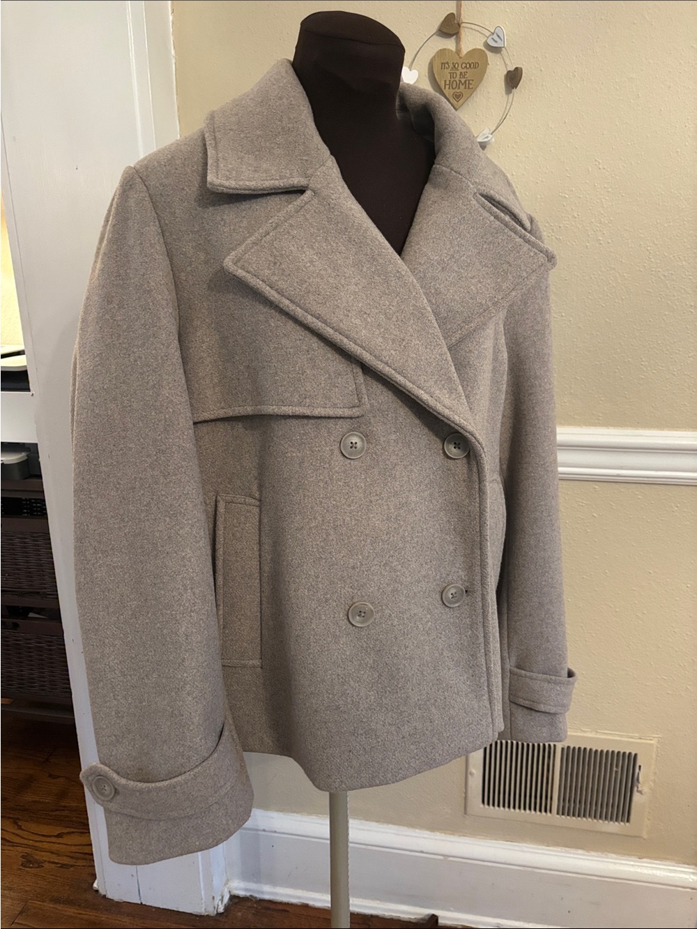Les Copains Neutral Taupe Short Double-Breasted Wool Pea Coat